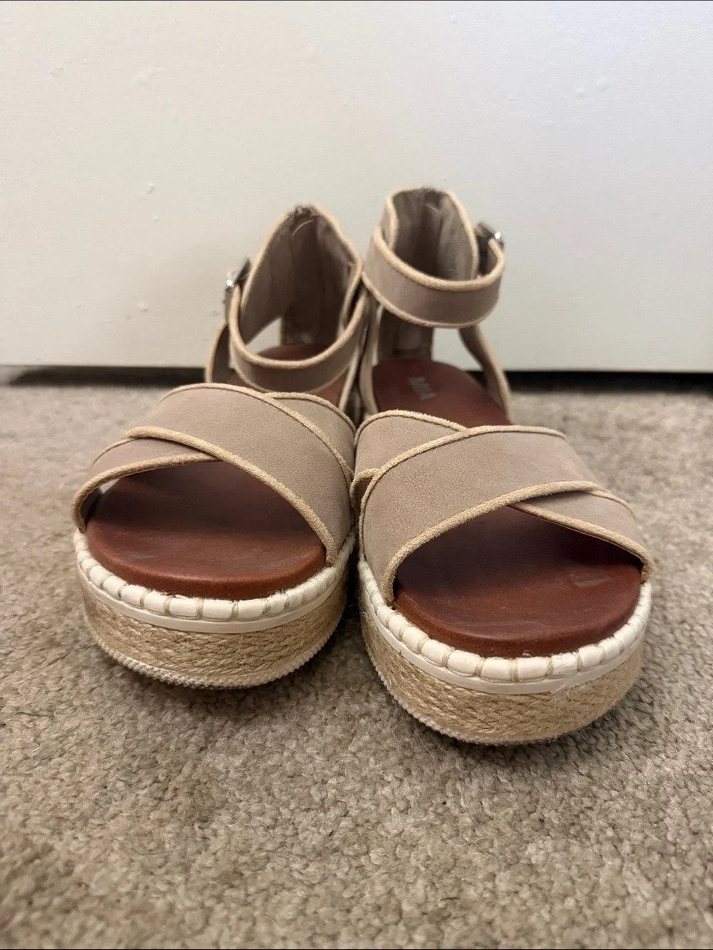 MIA Neutral Tan Crisscross Espadrille Sandals with Ankle Strap